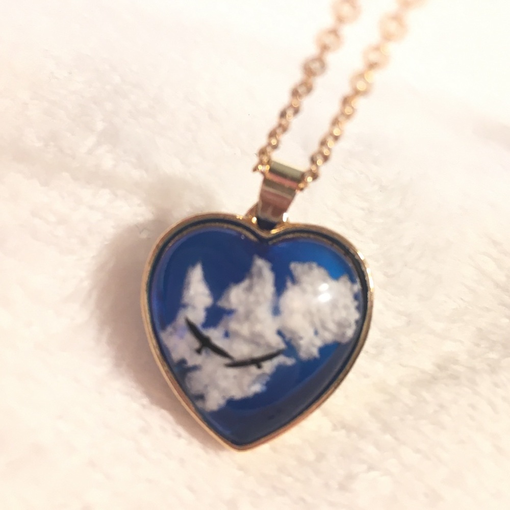 Cloudy Sky Flying Birds Resin Heart Necklace